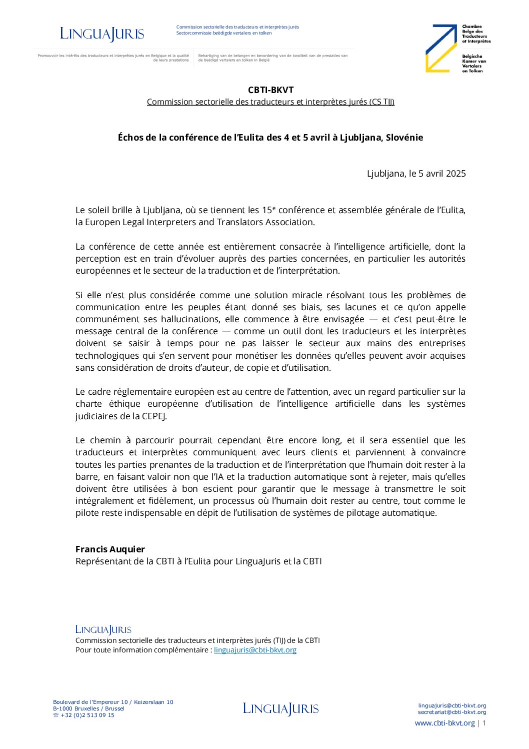 Image de présentation pour le document : Échos de la conférence de l’Eulita d&rsquo;avril 2025 à Ljubljana, Slovénie