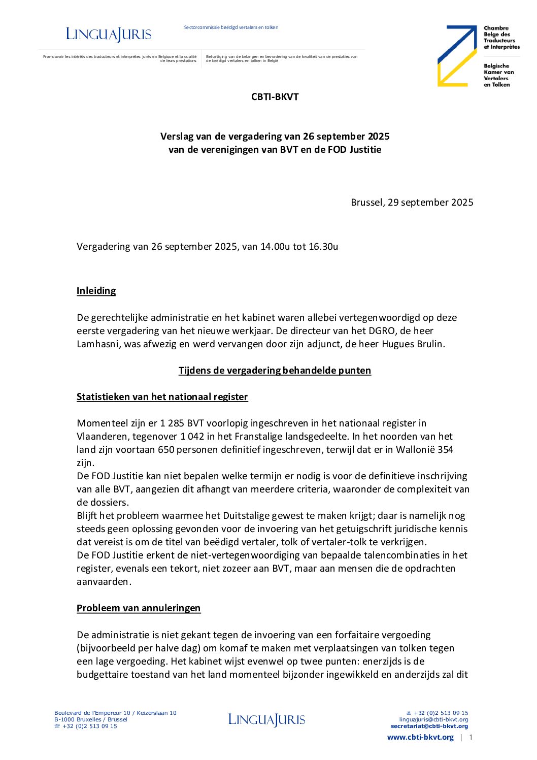 Image de présentation pour le document : [NL] Verslag van de vergadering van structureel overleg van 26 september 2025 tussen de verenigingen van BVT en de FOD Justitie