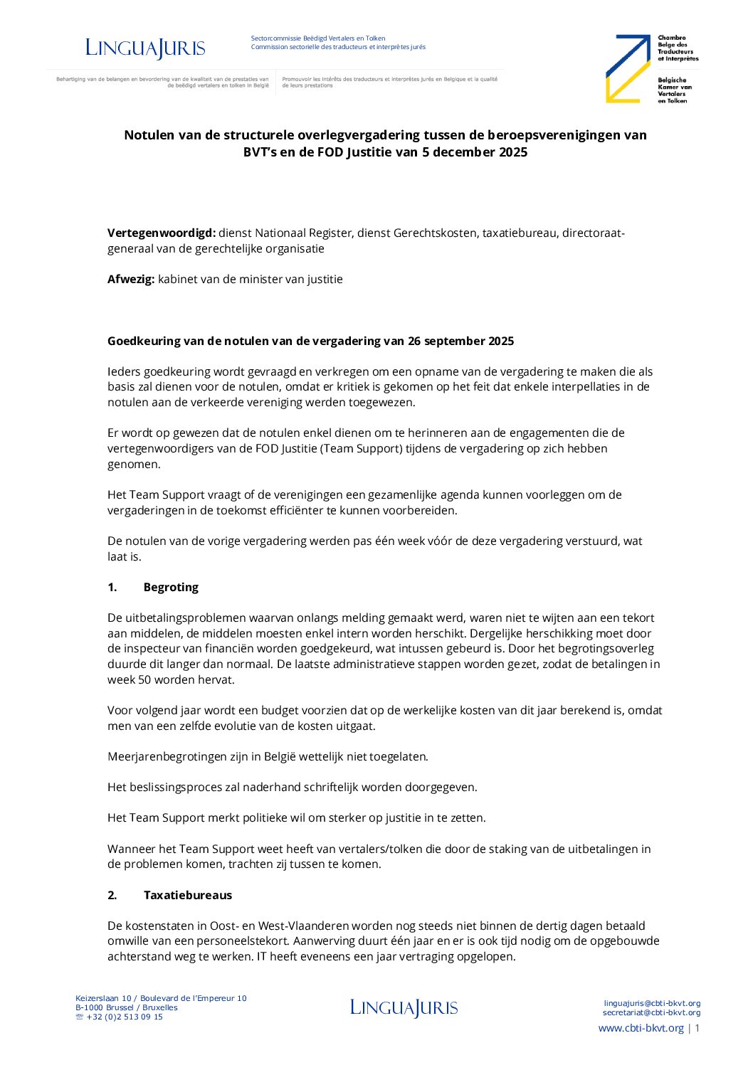 Image de présentation pour le document : [NL] Verslag van de vergadering van structureel overleg van 5 december 2025 tussen de verenigingen van BVT en de FOD Justitie