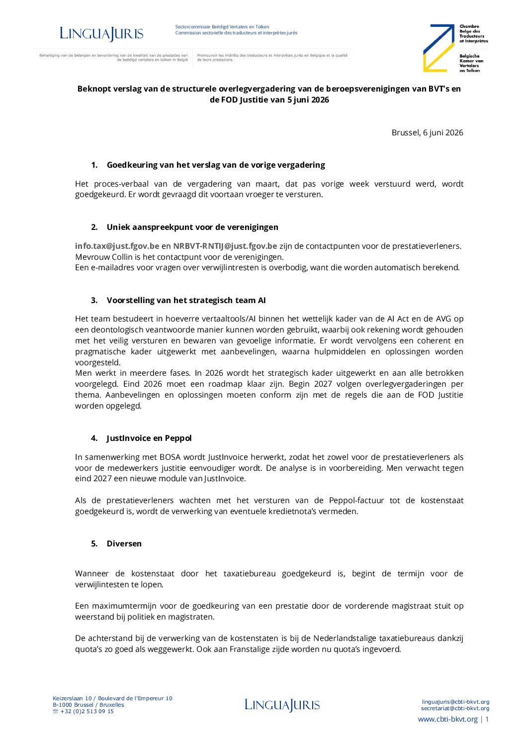 Image de présentation pour le document : [NL] Verslag van de vergadering van structureel overleg van 5 juni 2026 tussen de verenigingen van BVT en de FOD Justitie