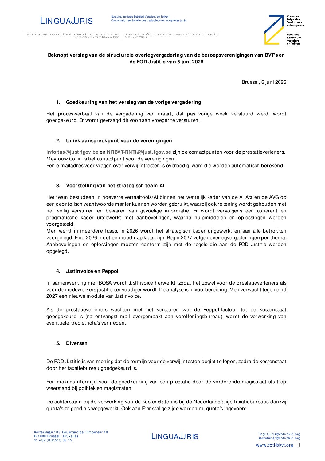Image de présentation pour le document : [NL] Verslag van de vergadering van structureel overleg van 5 juni 2026 tussen de verenigingen van BVT en de FOD Justitie
